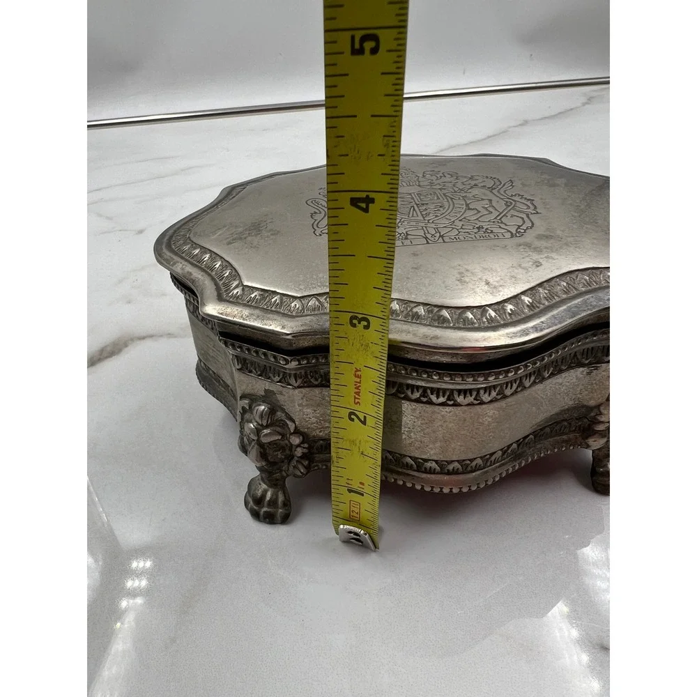 Vintage British Royal Coat of Arms Silver Footed Jewelry Box Red Velvet Lining